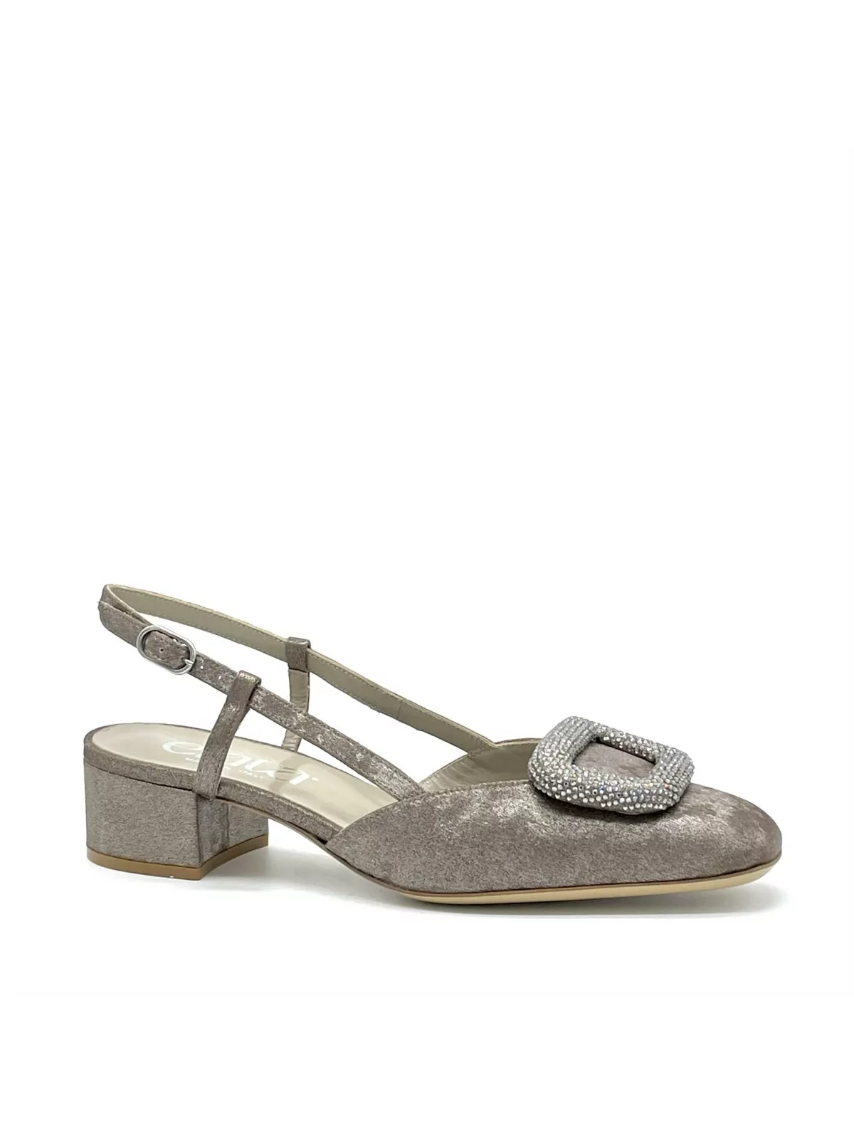 Pewter satin effect chenille slingback with jewel buckle. Leather lining, leathe