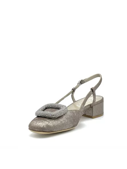 Pewter satin effect chenille slingback with jewel buckle. Leather lining, leathe