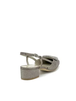 Pewter satin effect chenille slingback with jewel buckle. Leather lining, leathe