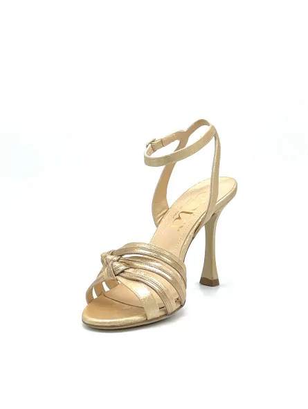 Gold leather and satin effect chenille sandal with ankle strap. Leather lining, 