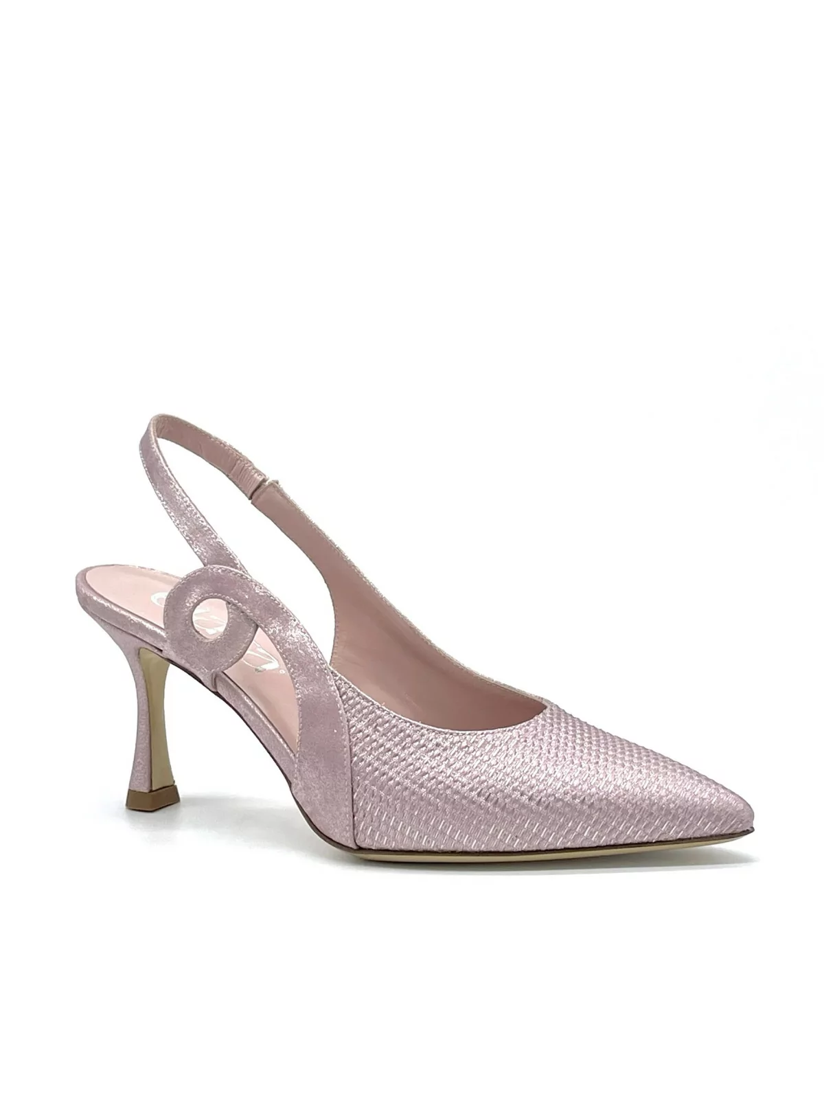 Antique pink laminate fabric and satin effect chenille slingback. Leather lining