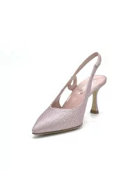 Antique pink laminate fabric and satin effect chenille slingback. Leather lining