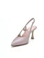 Antique pink laminate fabric and satin effect chenille slingback. Leather lining