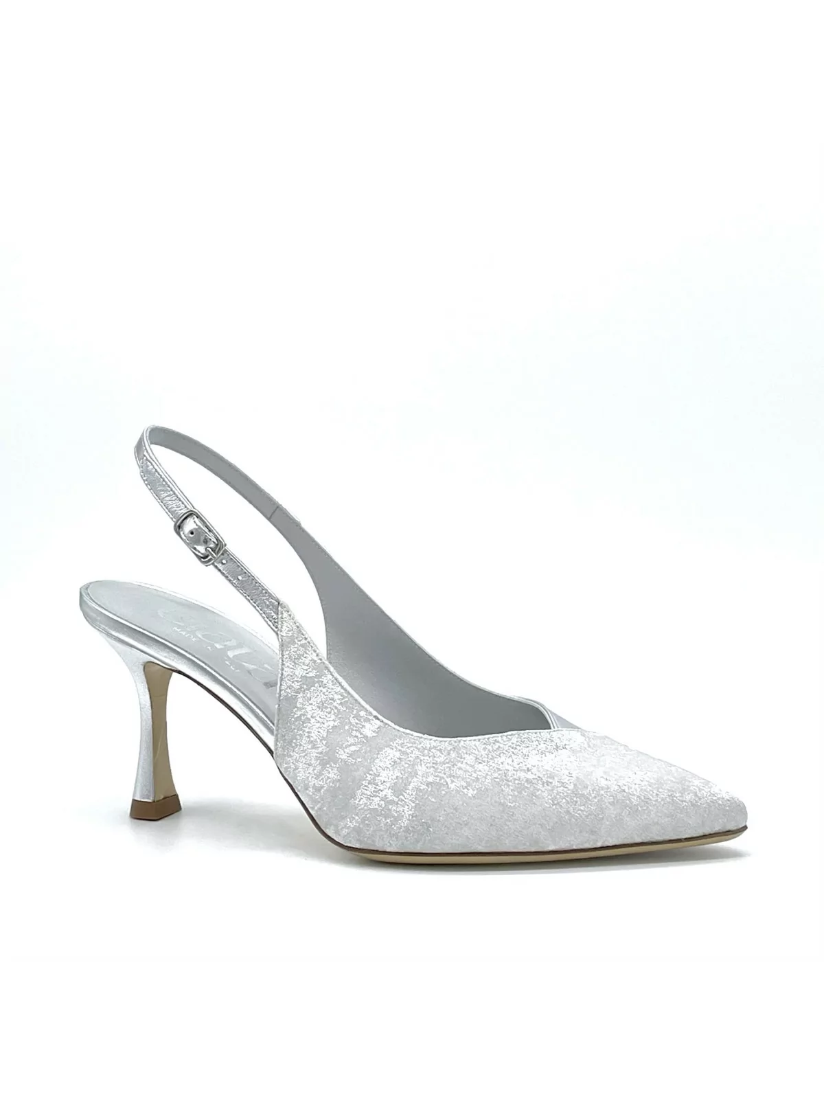 Silver satin effect chenille and leather slingback. Leather lining, leather sole