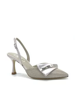 Beige honeycomb fabric and oyster iridescent leather slingback with silver acces