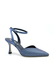 Blue iridescent leather and laminate fabric slingback with ankle strap. Leather 