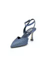 Blue iridescent leather and laminate fabric slingback with ankle strap. Leather 