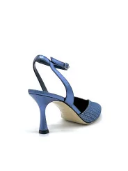 Blue iridescent leather and laminate fabric slingback with ankle strap. Leather 