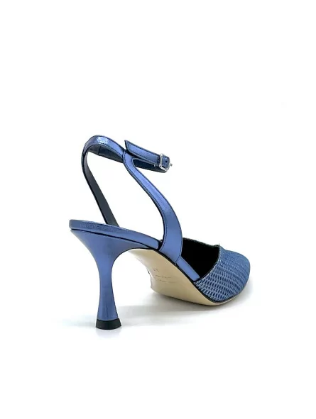 Blue iridescent leather and laminate fabric slingback with ankle strap. Leather 