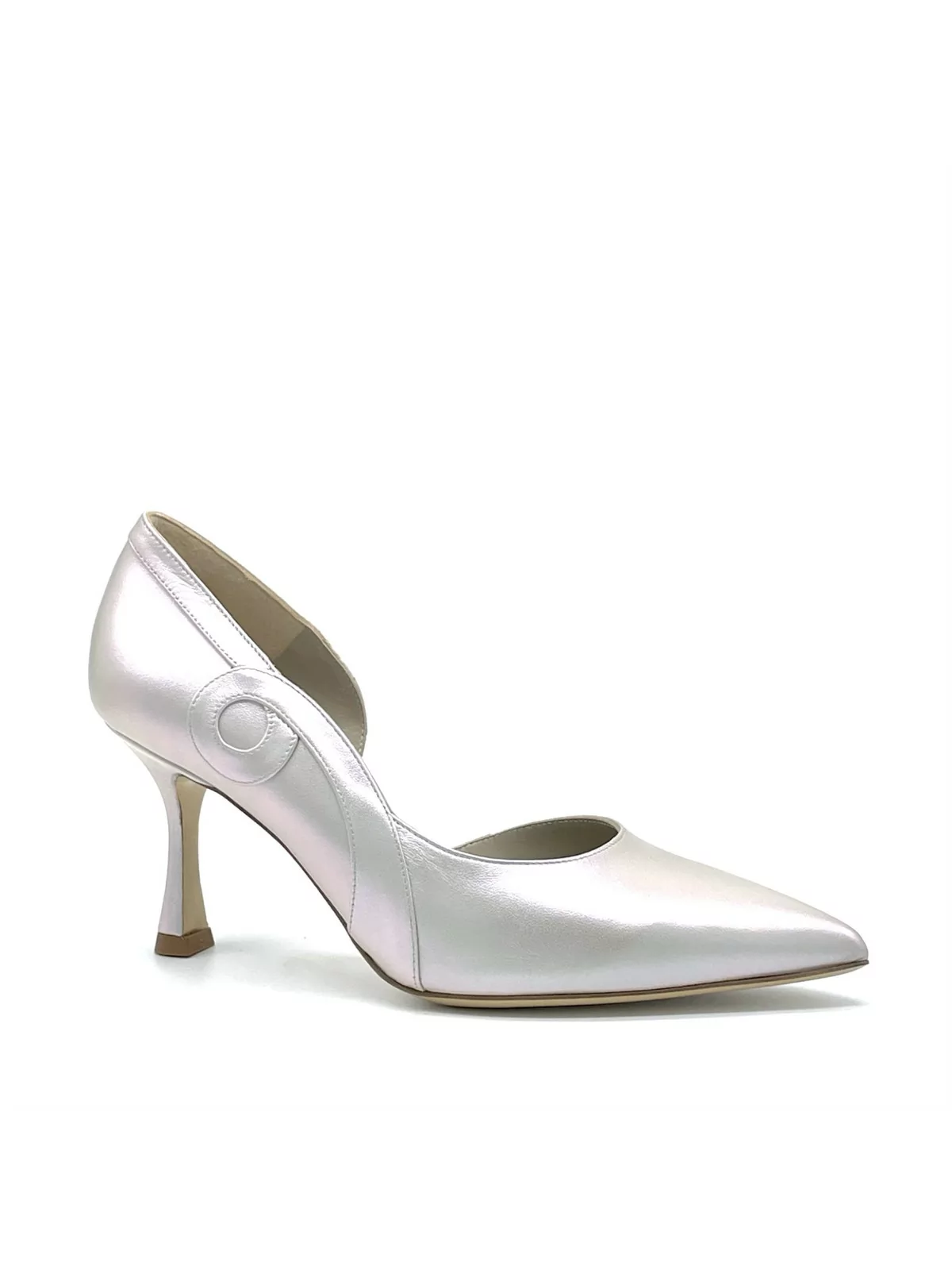 Oyster iridescent leather pump with internal opening. Leather lining, leather so