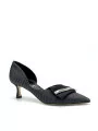 Black silk and laminate fabric pump with silver accessory and internal opening. 