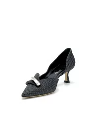 Black silk and laminate fabric pump with silver accessory and internal opening. 