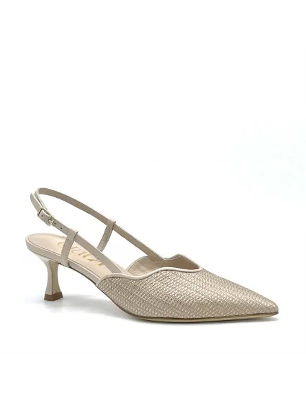 Sand color laminate fabric and leather slingback. Leather lining, leather sole. 