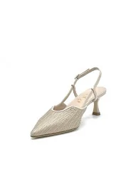 Sand color laminate fabric and leather slingback. Leather lining, leather sole. 