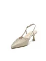 Sand color laminate fabric and leather slingback. Leather lining, leather sole. 