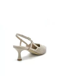 Sand color laminate fabric and leather slingback. Leather lining, leather sole. 