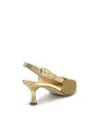 Gold honeycomb fabric and leather slingback with golden buckle. Leather lining, 