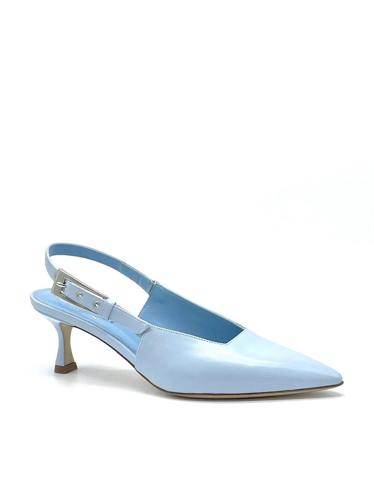 Light blue leather slingback with silver buckle. Leather lining, leather sole. 5