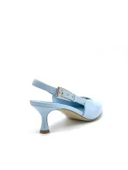 Light blue leather slingback with silver buckle. Leather lining, leather sole. 5