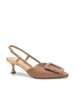 Slingback in tessuto laminato e pelle color rame e fibbia gioiello cod 15113. Fo