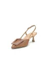 Copper laminate fabric and leather slingback with jewel buckle. Leather lining, 