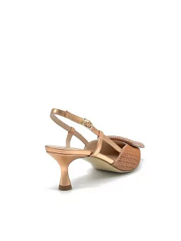 Copper laminate fabric and leather slingback with jewel buckle. Leather lining, 