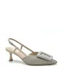 Beige honeycomb fabric and leather slingback with jewel buckle. Leather lining, 