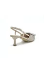 Beige honeycomb fabric and leather slingback with jewel buckle. Leather lining, 