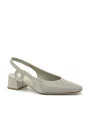 Light taupe leather and beige honeycomb fabric slingback. Leather lining, leathe