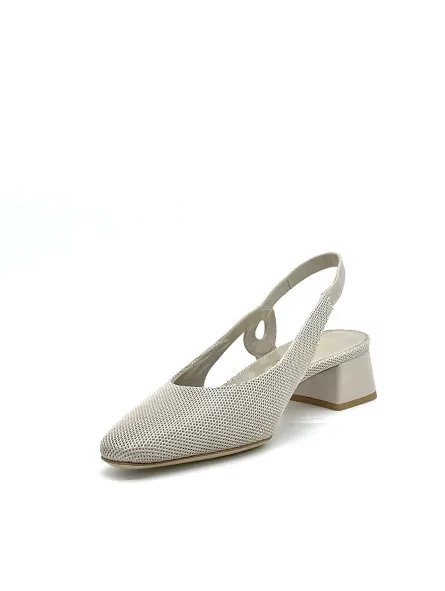 Slingback in tessuto nido d’ape beige e pelle tortora. Fodera in pelle, suola 