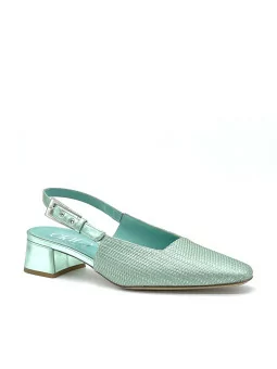 Slingback in tessuto laminato e pelle laminata color menta e fibbia argento. Fod