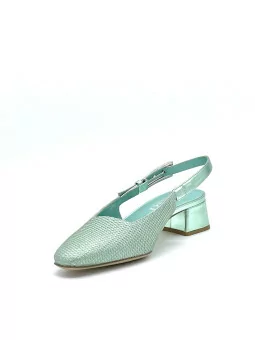 Slingback in tessuto laminato e pelle laminata color menta e fibbia argento. Fod