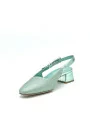 Mint color laminate leather and fabric with silver buckle. Leather lining, leath