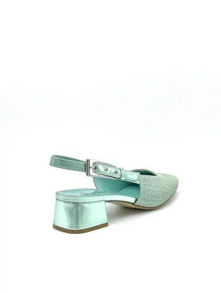 Mint color laminate leather and fabric with silver buckle. Leather lining, leath