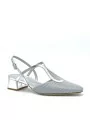 Silver honeycomb fabric and laminate leather slingback. Leather lining, leather 