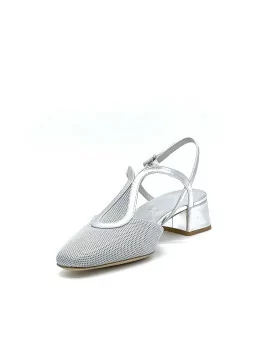 Silver honeycomb fabric and laminate leather slingback. Leather lining, leather 