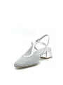 Silver honeycomb fabric and laminate leather slingback. Leather lining, leather 