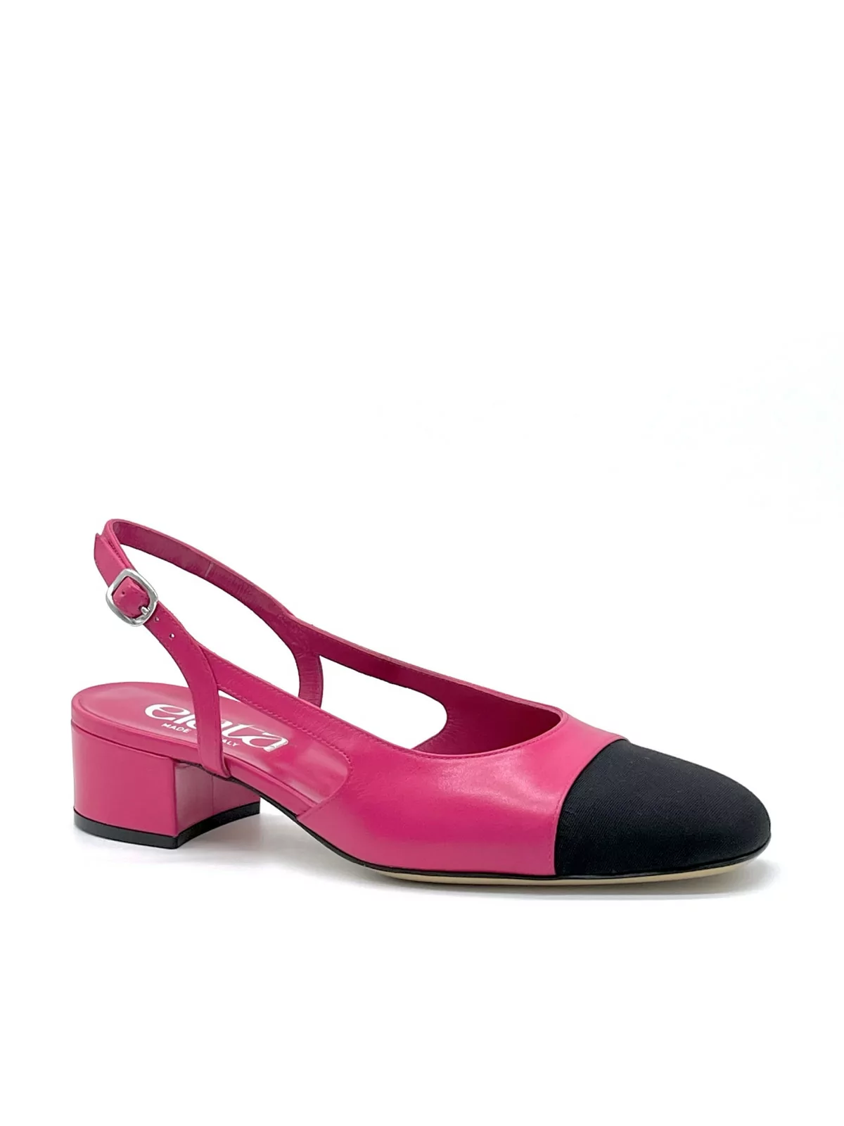 Slingback in pelle fucsia e tessuto nero. Fodera in pelle, suola in cuoio. Altez