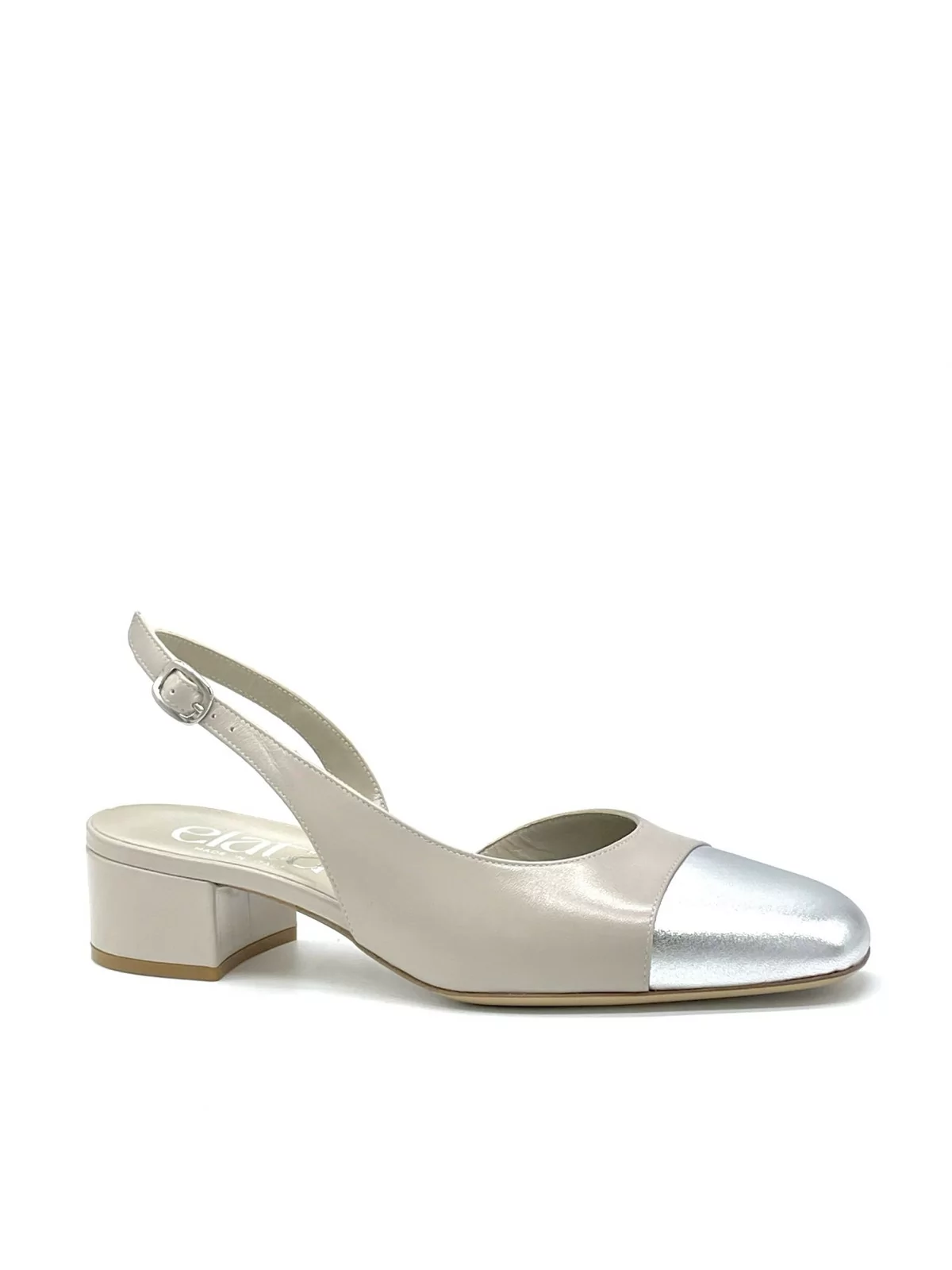 Light taupe and silver laminate leather slingback. Leather lining, leather sole.