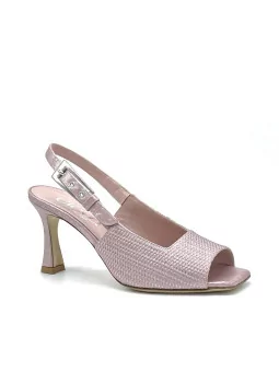 Antique pink laminate fabric and satin effect chenille sandal with silver buckle