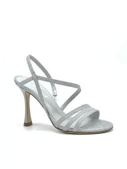 Silver glitter fabric sandal. Leather lining, leather sole. 9,5 cm heel.