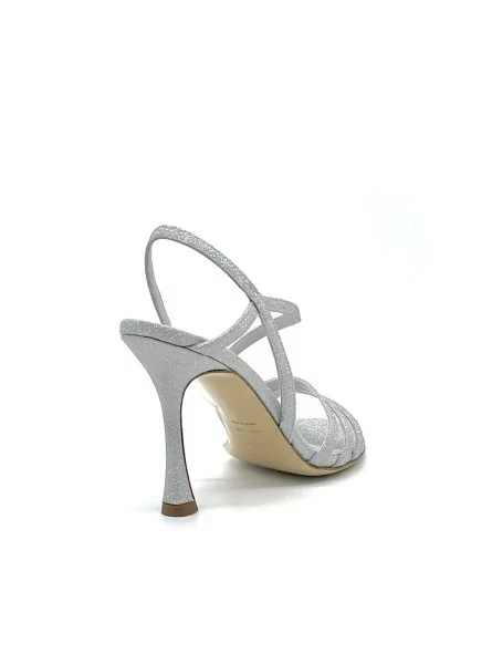 Silver glitter fabric sandal. Leather lining, leather sole. 9,5 cm heel.