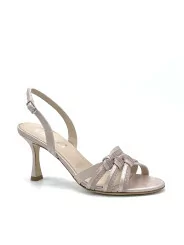 Antique pink glitter fabric and satin effect chenille sandal. Leather lining, le