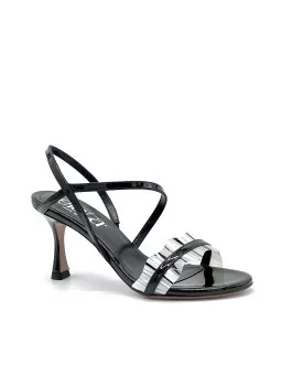 Black patent and black and white vinyl sandal. Leather lining, leather sole. 7,5