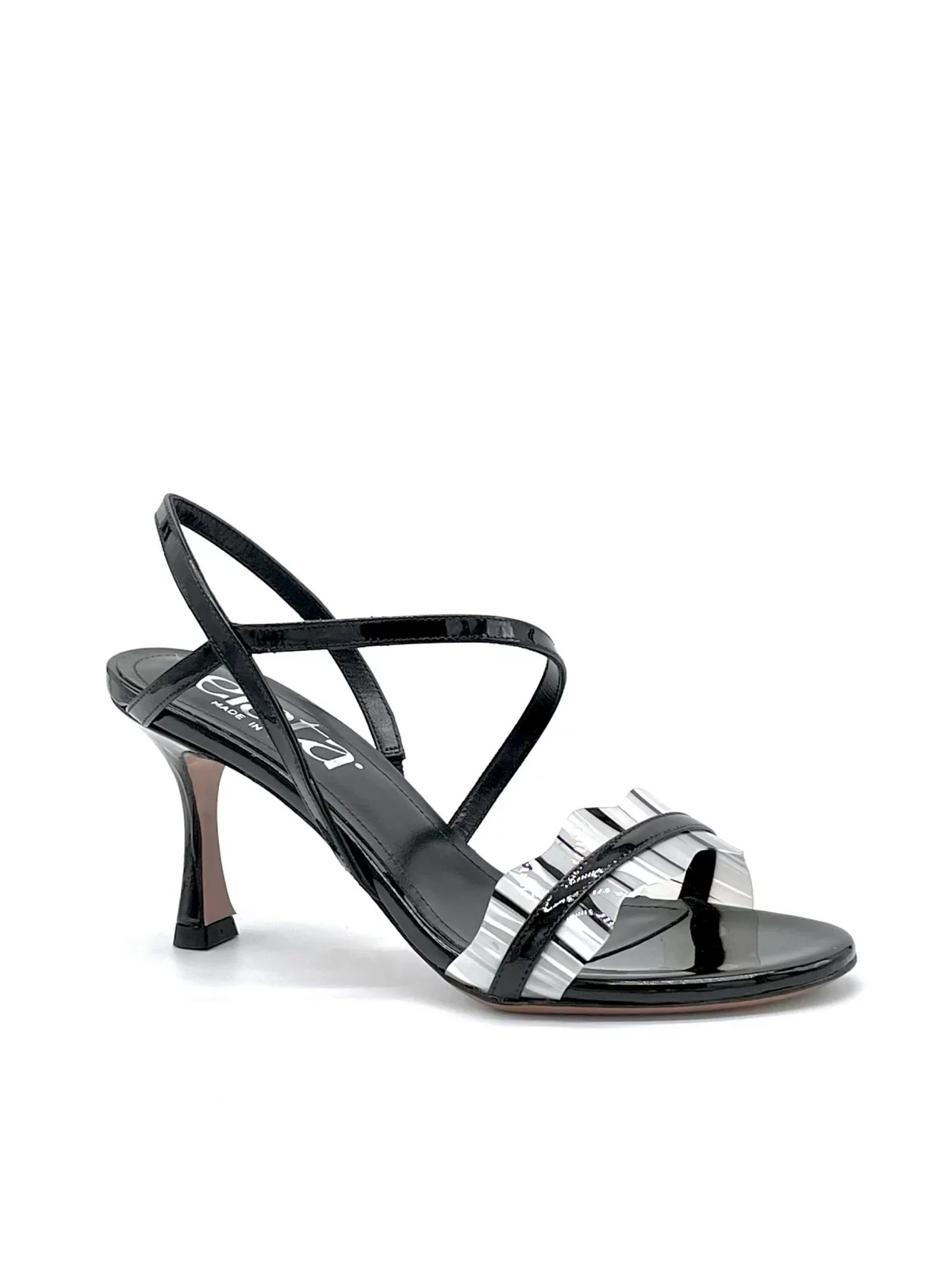 Black patent and black and white vinyl sandal. Leather lining, leather sole. 7,5