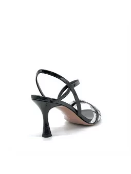 Black patent and black and white vinyl sandal. Leather lining, leather sole. 7,5