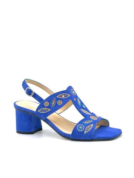 Bluette color suede sandal with multicolor rhinestones. Leather lining, leather 