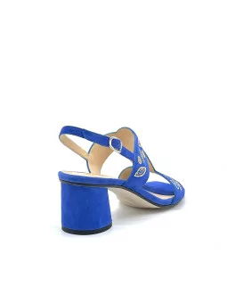 Bluette color suede sandal with multicolor rhinestones. Leather lining, leather 