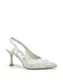 Silver satin effect chenille slingback. Leather lining, leather sole. 7,5 cm hee