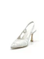 Silver satin effect chenille slingback. Leather lining, leather sole. 7,5 cm hee